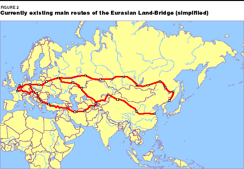 Map: Currently existing main routes of the Eurasian Land-Bridge (simplified)